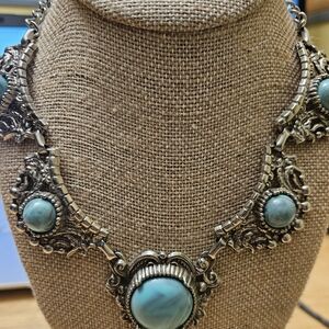 Vintage Silver Tone Turquoise Statement Necklace Boho Western 15in Bib J4